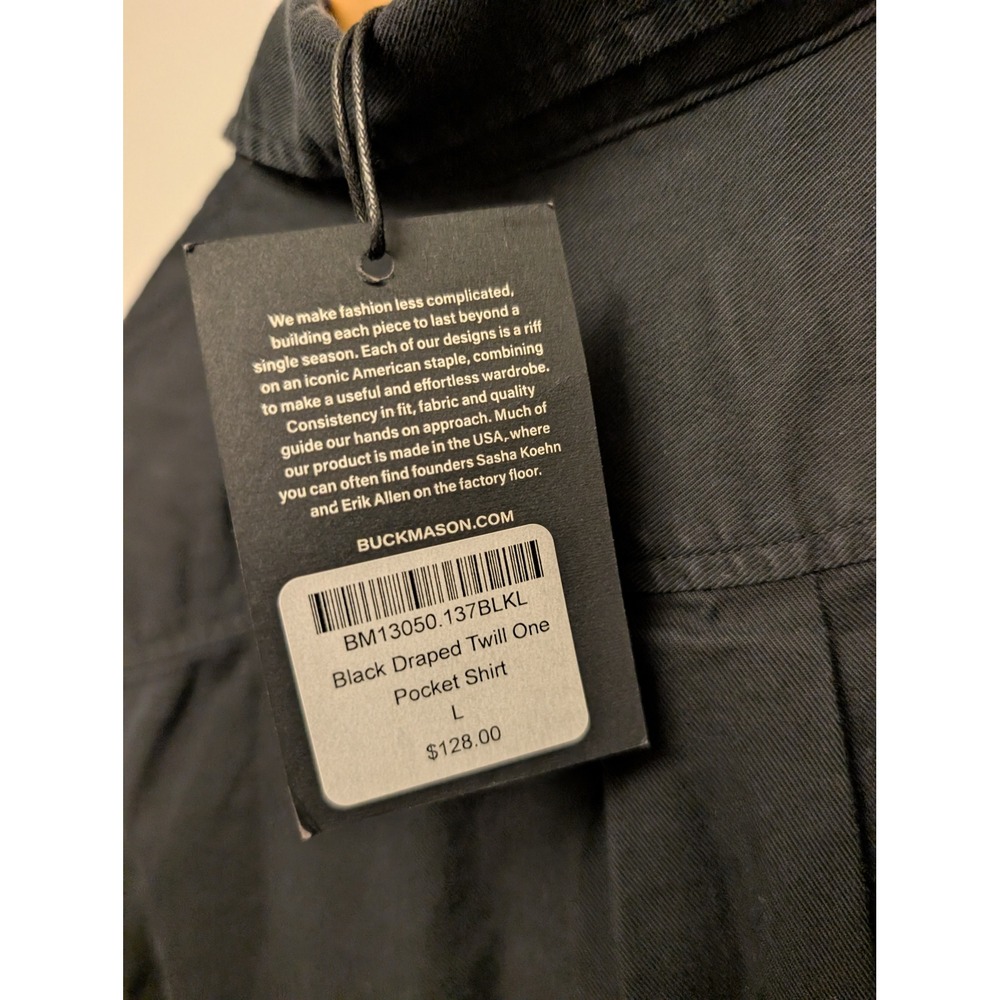 Buck Mason Black Draped Twill One Pocket Shirt L Minimalist Workwear Basic - Picture 3 of 3
